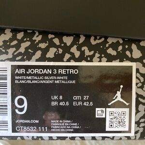 Jordan Air Jordan 3 Retro White Metallic Silver Sneakers